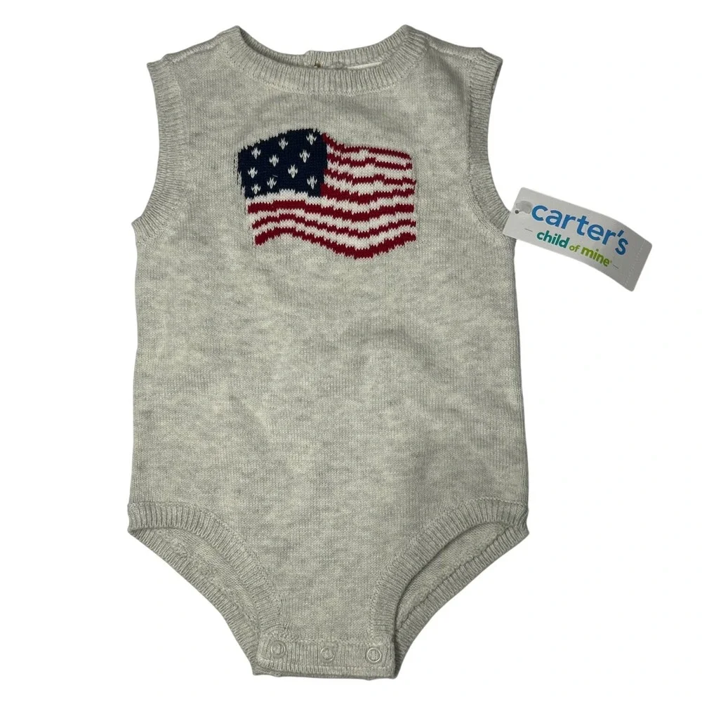 Carters Child of Mine Baby 3-6M Gray Knit American Flag Sweater Romper